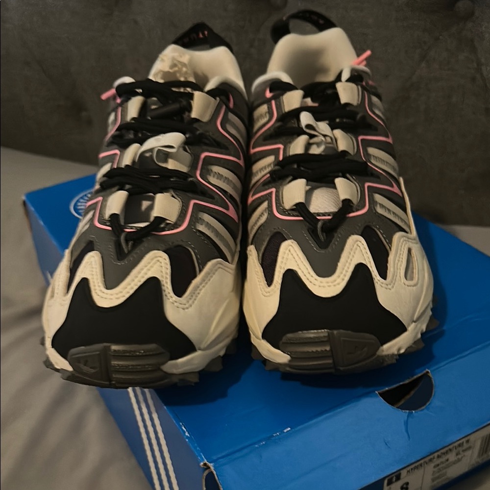 Adidas Black and Cream Sneakers with Pink Accents